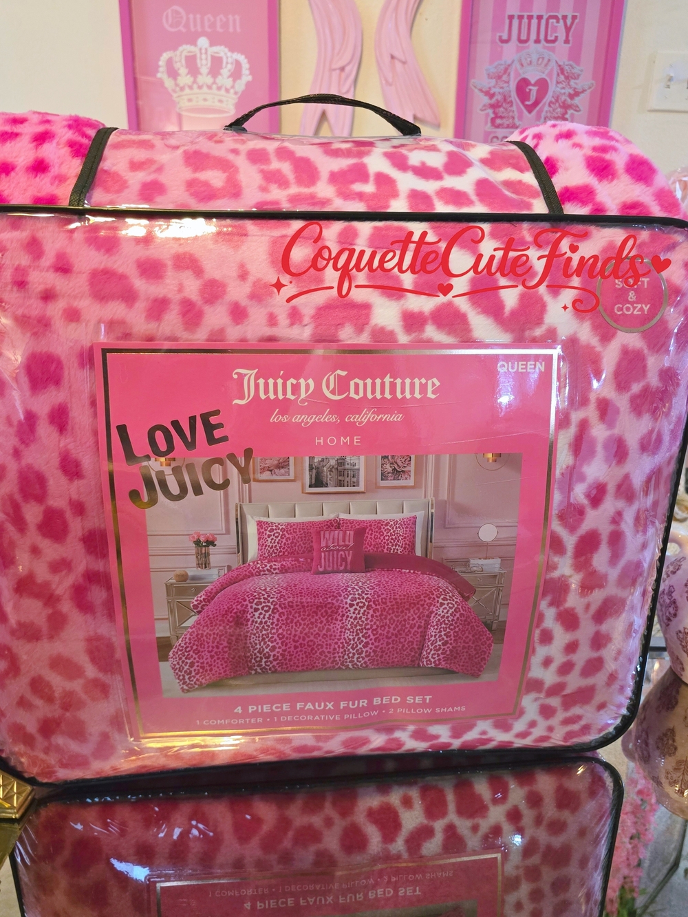 Juicy Couture Pink Leopard Faux Fur 4-Piece Comforter Set